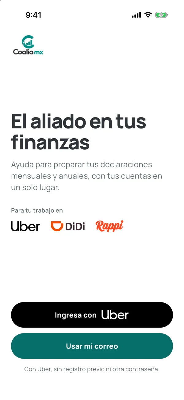 Pantalla de acceso con el botón Ingresa con Uber y el formulario de correo