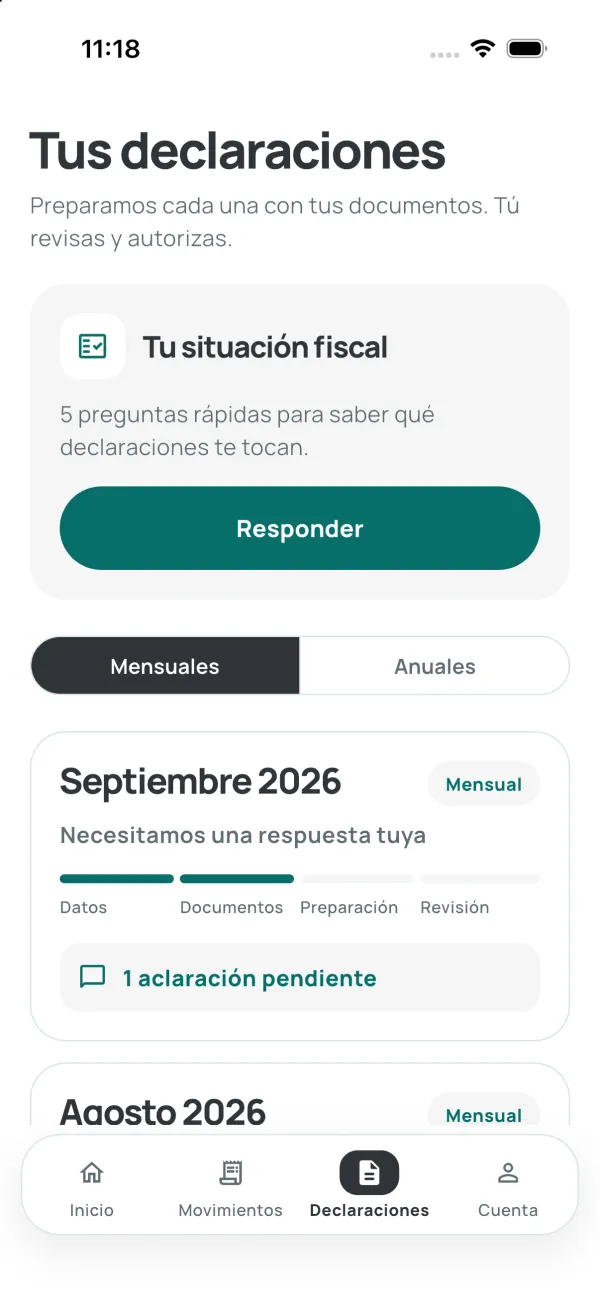 Pantalla de declaraciones con septiembre en espera de una respuesta y agosto lista para revisar