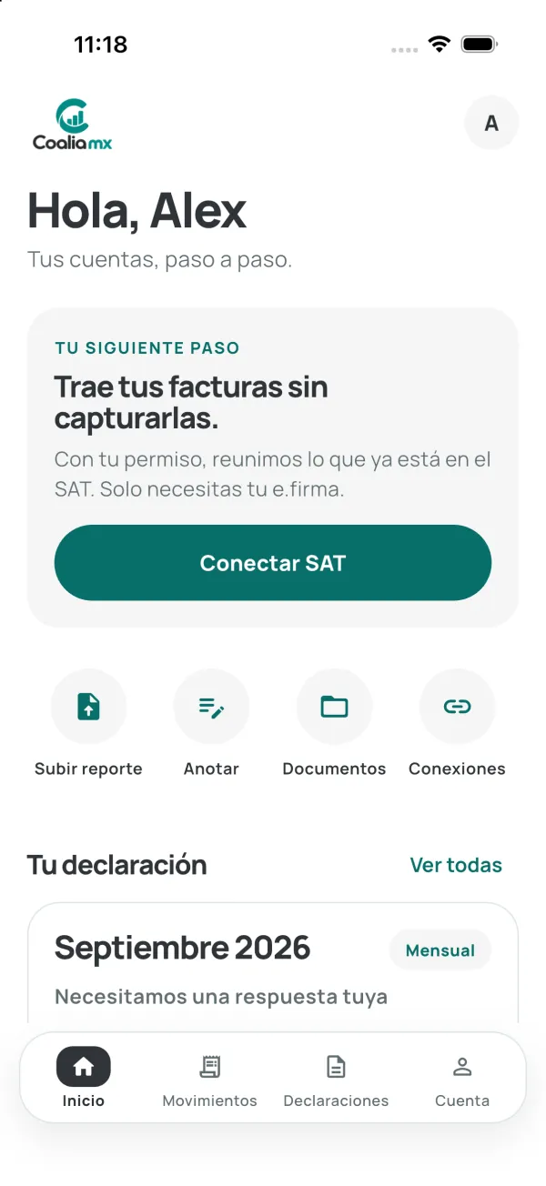 Pantalla de Inicio de la app Coalia: Hola, Alex, con el siguiente paso para conectar el SAT