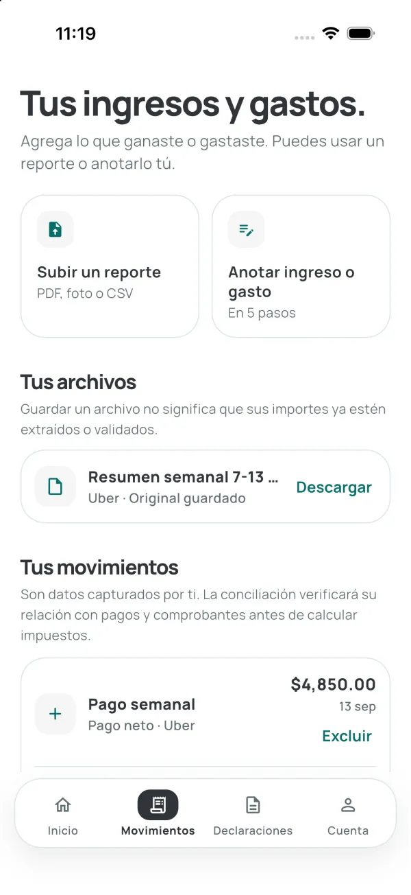 Pantalla de ingresos y gastos con un reporte guardado y un pago semanal de Uber